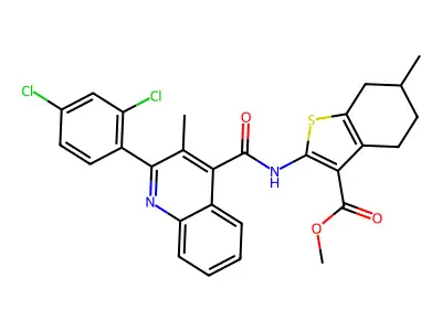 methyl 2-({[2-(2,4-dichlorophenyl)-3-methylquinolin-4-yl]carbonyl}amino)-6-methyl-4,5,6,7-tetrahydro-1-benzothiophene-3-carboxylate structure