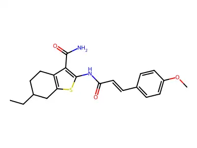 6-ethyl-2-[[(E)-3-(4-methoxyphenyl)prop-2-enoyl]amino]-4,5,6,7-tetrahydro-1-benzothiophene-3-carboxamide structure