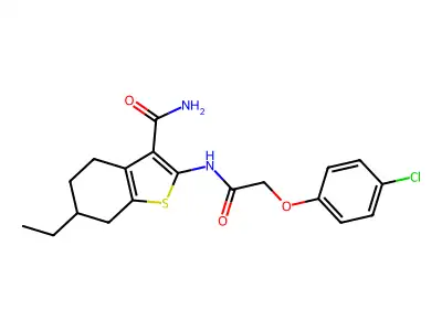 2-[[2-(4-chlorophenoxy)acetyl]amino]-6-ethyl-4,5,6,7-tetrahydro-1-benzothiophene-3-carboxamide structure