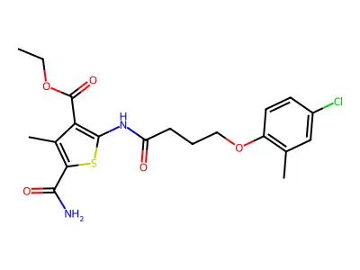 ethyl 5-carbamoyl-2-[4-(4-chloro-2-methylphenoxy)butanoylamino]-4-methylthiophene-3-carboxylate structure