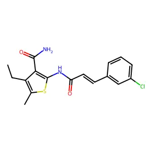 2-[[(E)-3-(3-chlorophenyl)prop-2-enoyl]amino]-4-ethyl-5-methylthiophene-3-carboxamide structure