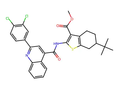 methyl 6-tert-butyl-2-({[2-(3,4-dichlorophenyl)quinolin-4-yl]carbonyl}amino)-4,5,6,7-tetrahydro-1-benzothiophene-3-carboxylate structure