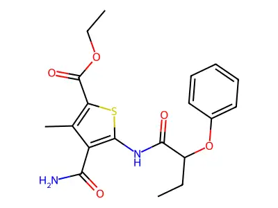 Ethyl 4-carbamoyl-3-methyl-5-(2-phenoxybutanoylamino)thiophene-2-carboxylate structure