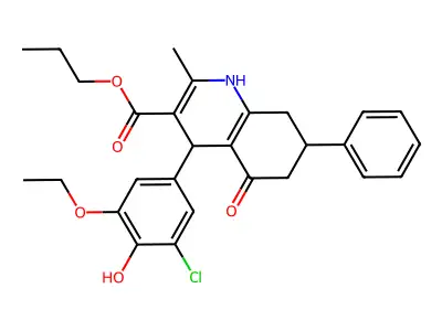 propyl 4-(3-chloro-5-ethoxy-4-hydroxyphenyl)-2-methyl-5-oxo-7-phenyl-1,4,5,6,7,8-hexahydroquinoline-3-carboxylate structure
