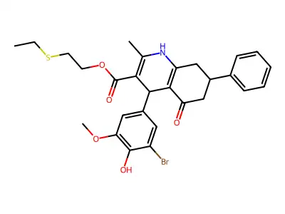 2-(ethylsulfanyl)ethyl 4-(3-bromo-4-hydroxy-5-methoxyphenyl)-2-methyl-5-oxo-7-phenyl-1,4,5,6,7,8-hexahydroquinoline-3-carboxylate structure