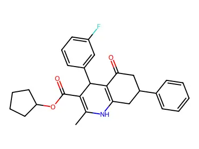 cyclopentyl 4-(3-fluorophenyl)-2-methyl-5-oxo-7-phenyl-1,4,5,6,7,8-hexahydroquinoline-3-carboxylate structure