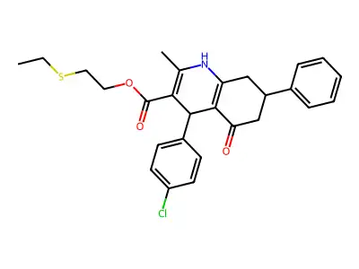 2-(ethylsulfanyl)ethyl 4-(4-chlorophenyl)-2-methyl-5-oxo-7-phenyl-1,4,5,6,7,8-hexahydroquinoline-3-carboxylate structure