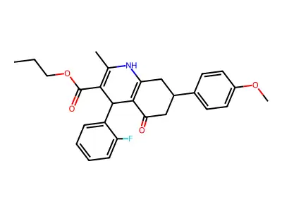 propyl 4-(2-fluorophenyl)-7-(4-methoxyphenyl)-2-methyl-5-oxo-1,4,5,6,7,8-hexahydroquinoline-3-carboxylate structure