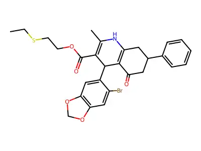 2-(ethylsulfanyl)ethyl 4-(6-bromo-1,3-benzodioxol-5-yl)-2-methyl-5-oxo-7-phenyl-1,4,5,6,7,8-hexahydroquinoline-3-carboxylate structure