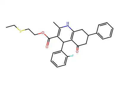 2-(ethylsulfanyl)ethyl 4-(2-fluorophenyl)-2-methyl-5-oxo-7-phenyl-1,4,5,6,7,8-hexahydroquinoline-3-carboxylate structure