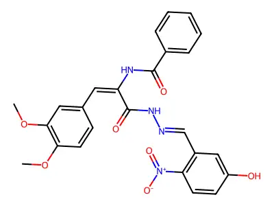 N-[(E)-1-(3,4-dimethoxyphenyl)-3-[(2E)-2-[(5-hydroxy-2-nitrophenyl)methylidene]hydrazinyl]-3-oxoprop-1-en-2-yl]benzamide structure