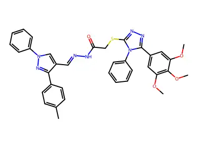 N-[(E)-[3-(4-methylphenyl)-1-phenylpyrazol-4-yl]methylideneamino]-2-[[4-phenyl-5-(3,4,5-trimethoxyphenyl)-1,2,4-triazol-3-yl]sulfanyl]acetamide structure