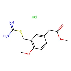 Benzeneacetic acid, 3-(((aminoiminomethyl)thio)methyl)-4-methoxy-, methyl ester, monohydrochloride structure