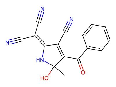 2-(4-benzoyl-3-cyano-5-hydroxy-5-methyl-1,5-dihydro-2H-pyrrol-2-yliden)malononitrile structure