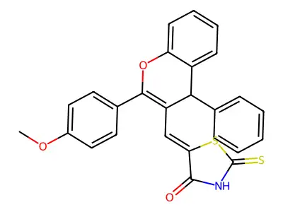 (Z)-5-((2-(4-methoxyphenyl)-4-phenyl-4H-chromen-3-yl)methylene)-2-thioxothiazolidin-4-one structure