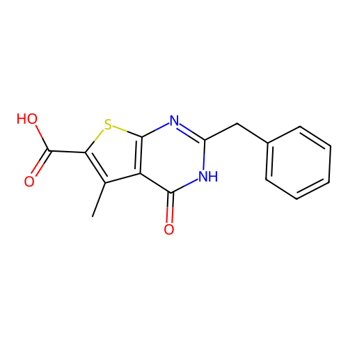 2-benzyl-5-methyl-4-oxo-3H,4H-thieno[2,3-d]pyrimidine-6-carboxylic acid structure