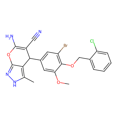 6-amino-4-{3-bromo-4-[(2-chlorobenzyl)oxy]-5-methoxyphenyl}-3-methyl-1,4-dihydropyrano[2,3-c]pyrazole-5-carbonitrile structure