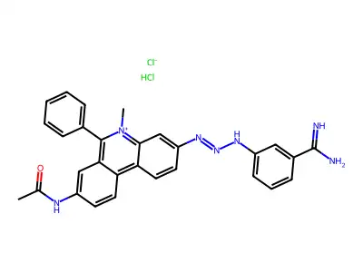 Phenanthridinium, 8-(acetylamino)-3-(3-(3-(aminoiminomethyl)phenyl)-1-triazenyl)-5-methyl-6-phenyl-, chloride, monohydrochloride structure