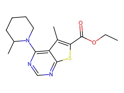 Ethyl 5-methyl-4-(2-methylpiperidin-1-yl)thieno[2,3-d]pyrimidine-6-carboxylate structure
