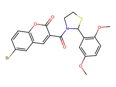 6-bromo-3-(2-(2,5-dimethoxyphenyl)thiazolidine-3-carbonyl)-2H-chromen-2-one structure