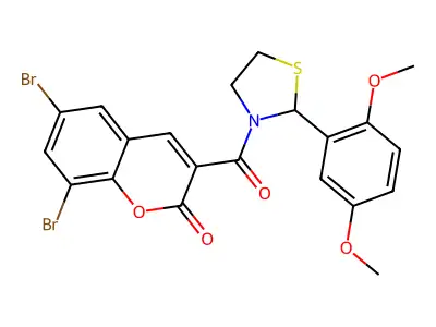 6,8-dibromo-3-(2-(2,5-dimethoxyphenyl)thiazolidine-3-carbonyl)-2H-chromen-2-one structure