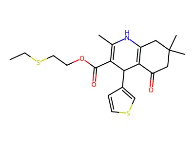 2-(ethylsulfanyl)ethyl 2,7,7-trimethyl-5-oxo-4-(thiophen-3-yl)-1,4,5,6,7,8-hexahydroquinoline-3-carboxylate structure