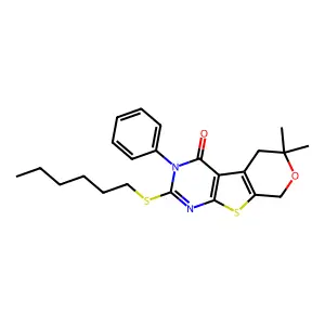 2-(hexylsulfanyl)-6,6-dimethyl-3-phenyl-3,5,6,8-tetrahydro-4H-pyrano[4',3':4,5]thieno[2,3-d]pyrimidin-4-one structure