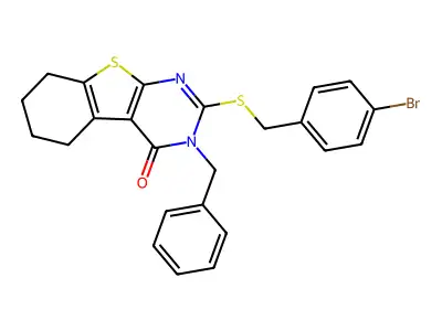 3-benzyl-2-[(4-bromobenzyl)sulfanyl]-5,6,7,8-tetrahydro[1]benzothieno[2,3-d]pyrimidin-4(3H)-one structure