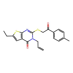 3-allyl-6-ethyl-2-((2-oxo-2-(p-tolyl)ethyl)thio)thieno[2,3-d]pyrimidin-4(3H)-one structure
