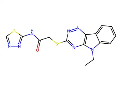 2-[(5-ethyl-[1,2,4]triazino[5,6-b]indol-3-yl)sulfanyl]-N-(1,3,4-thiadiazol-2-yl)acetamide structure