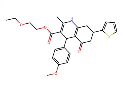 2-ethoxyethyl 4-(4-methoxyphenyl)-2-methyl-5-oxo-7-(thiophen-2-yl)-1,4,5,6,7,8-hexahydroquinoline-3-carboxylate structure