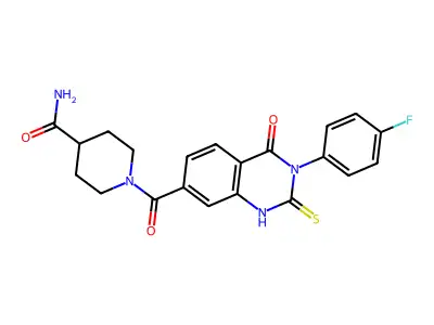 1-{[3-(4-fluorophenyl)-2-mercapto-4-oxo-3,4-dihydroquinazolin-7-yl]carbonyl}piperidine-4-carboxamide structure