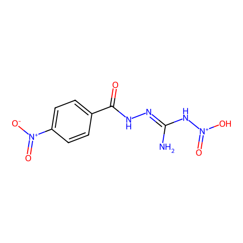 hydroxy-[[(E)-N'-[(4-nitrobenzoyl)amino]carbamimidoyl]amino]-oxoazanium structure