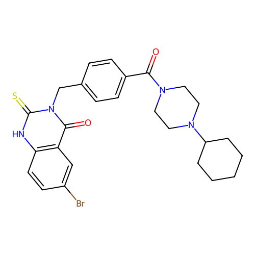 6-bromo-3-[[4-(4-cyclohexylpiperazine-1-carbonyl)phenyl]methyl]-2-sulfanylidene-1H-quinazolin-4-one structure