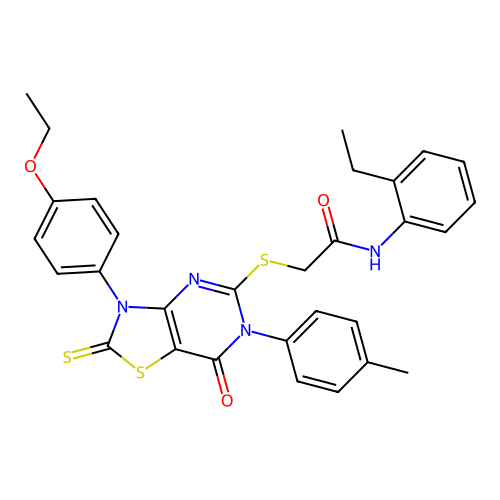 2-[[3-(4-ethoxyphenyl)-6-(4-methylphenyl)-7-oxo-2-sulfanylidene-[1,3]thiazolo[4,5-d]pyrimidin-5-yl]sulfanyl]-N-(2-ethylphenyl)acetamide structure