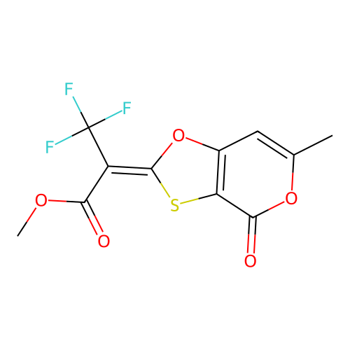 methyl (2E)-3,3,3-trifluoro-2-(6-methyl-4-oxo-[1,3]oxathiolo[4,5-c]pyran-2-ylidene)propanoate structure