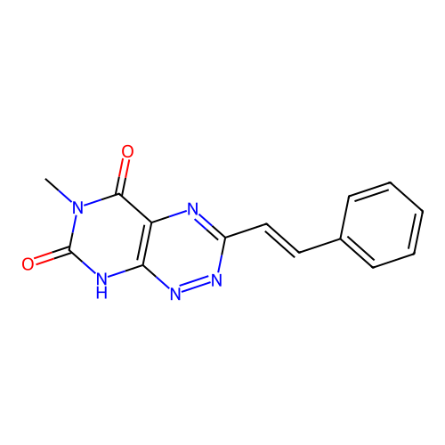 6-methyl-3-[(E)-2-phenylethenyl]-8H-pyrimido[5,4-e][1,2,4]triazine-5,7-dione structure