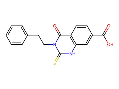 4-Oxo-3-(2-phenylethyl)-2-sulfanyl-3,4-dihydroquinazoline-7-carboxylic acid structure