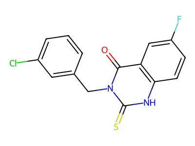 3-[(3-chlorophenyl)methyl]-6-fluoro-2-sulfanylidene-1H-quinazolin-4-one structure