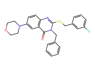 3-benzyl-2-((3-fluorobenzyl)thio)-6-morpholinoquinazolin-4(3H)-one structure