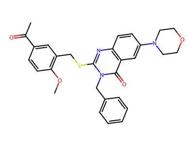 2-((5-acetyl-2-methoxybenzyl)thio)-3-benzyl-6-morpholinoquinazolin-4(3H)-one structure