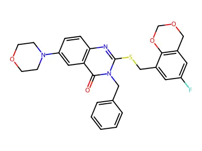 3-benzyl-2-{[(6-fluoro-2,4-dihydro-1,3-benzodioxin-8-yl)methyl]sulfanyl}-6-(morpholin-4-yl)-3,4-dihydroquinazolin-4-one structure