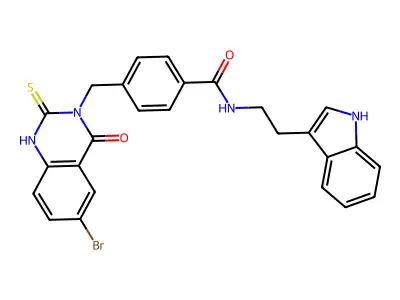4-[(6-bromo-4-oxo-2-sulfanylidene-1H-quinazolin-3-yl)methyl]-N-[2-(1H-indol-3-yl)ethyl]benzamide structure