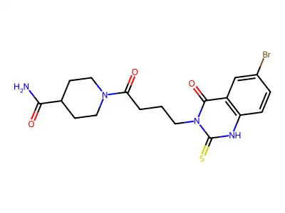 1-[4-(6-bromo-4-oxo-2-sulfanylidene-1H-quinazolin-3-yl)butanoyl]piperidine-4-carboxamide structure
