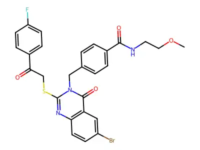 4-[(6-bromo-2-{[2-(4-fluorophenyl)-2-oxoethyl]sulfanyl}-4-oxo-3,4-dihydroquinazolin-3-yl)methyl]-N-(2-methoxyethyl)benzamide structure