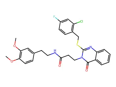 3-(2-{[(2-chloro-4-fluorophenyl)methyl]sulfanyl}-4-oxo-3,4-dihydroquinazolin-3-yl)-N-[2-(3,4-dimethoxyphenyl)ethyl]propanamide structure