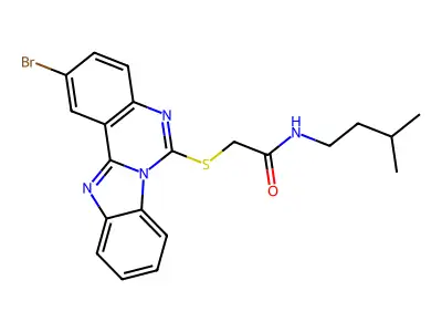 2-(2-bromobenzimidazolo[1,2-c]quinazolin-6-yl)sulfanyl-N-(3-methylbutyl)acetamide structure