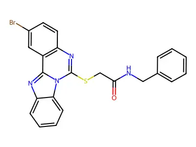N-benzyl-2-(2-bromobenzimidazolo[1,2-c]quinazolin-6-yl)sulfanylacetamide structure