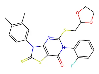 3-(3,4-dimethylphenyl)-5-{[(1,3-dioxolan-2-yl)methyl]sulfanyl}-6-(2-fluorophenyl)-2-sulfanylidene-2H,3H,6H,7H-[1,3]thiazolo[4,5-d]pyrimidin-7-one structure