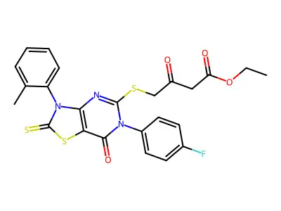 ethyl 4-{[6-(4-fluorophenyl)-3-(2-methylphenyl)-7-oxo-2-sulfanylidene-2H,3H,6H,7H-[1,3]thiazolo[4,5-d]pyrimidin-5-yl]sulfanyl}-3-oxobutanoate structure